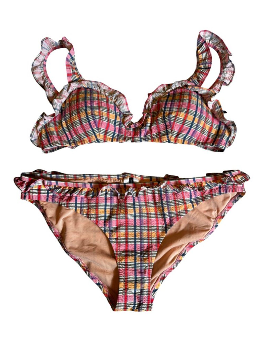 J.Crew Electric Plaid Ruffle French Bikini Set Size Large